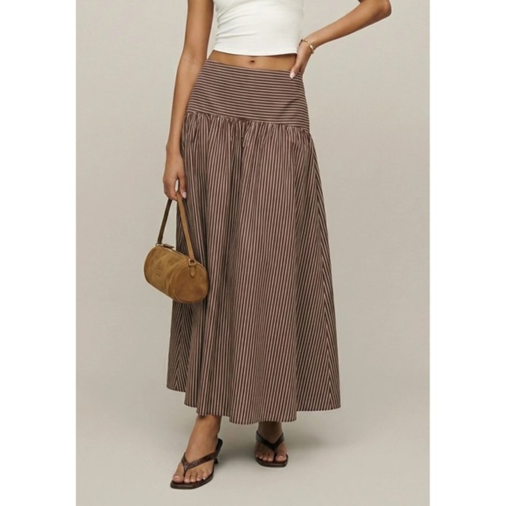 NWT CAARA Vashti Drop Waist Cotton Maxi Skirt in Brown Stripe - Size 12
